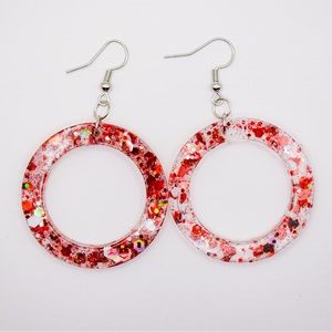 Red and White Glitter 1.5” Resin Hoop Earrings with silver Hardware